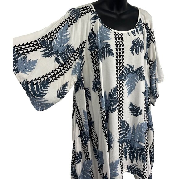 Kamohoalii Womens XXL Rayon Kaftan Top Blue Fern Tunic Scoop Aloha Hawaiian EUC - Picture 5 of 10